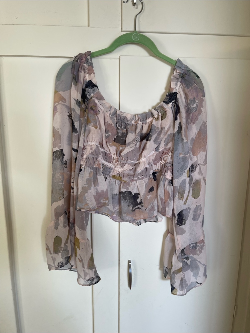 Together Sheer Watercolor Peasant Blouse - Pink, Gray, Olive